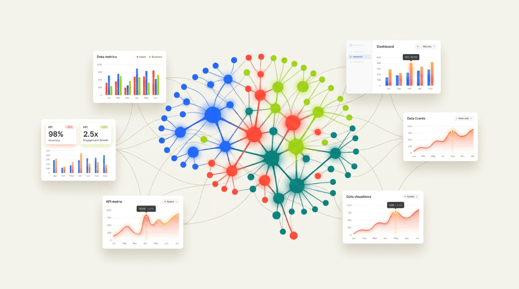 Neural network shaped like a brain, connected to surrounding data dashboard panels — audience testing platform case study