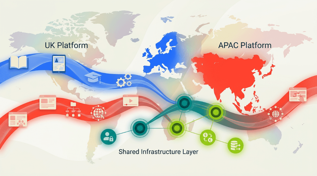 World map showing UK and APAC ed-tech platforms converging through a shared infrastructure layer — cross-border edtech integration case study