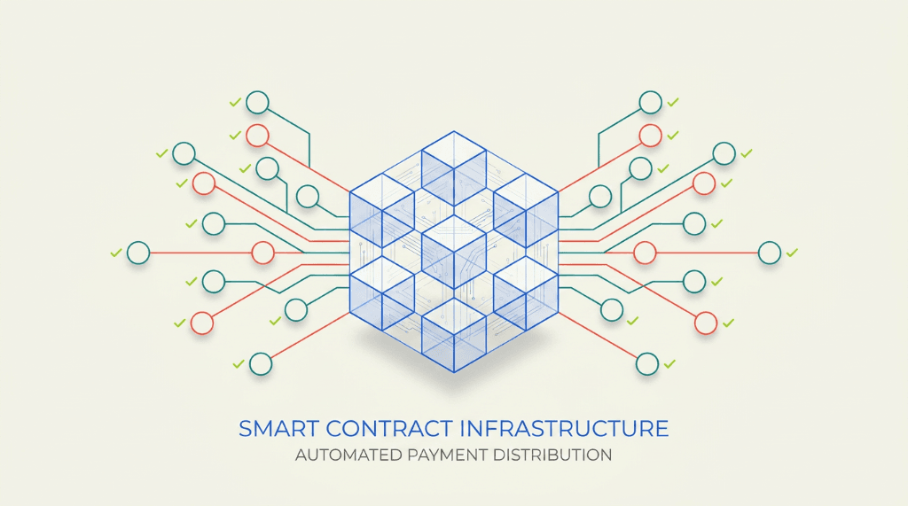 Smart contract infrastructure diagram with automated payment distribution to verified endpoints — film royalties blockchain case study