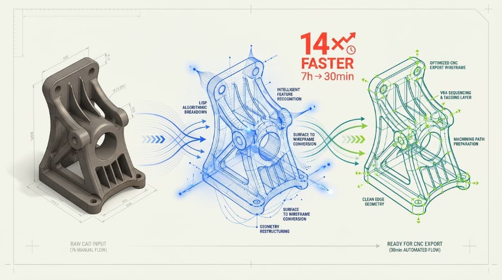 CAD-to-CNC automation workflow showing a 7-hour manual flow reduced to 30 minutes through LISP and VBA processing — LatAm CNC automation case study